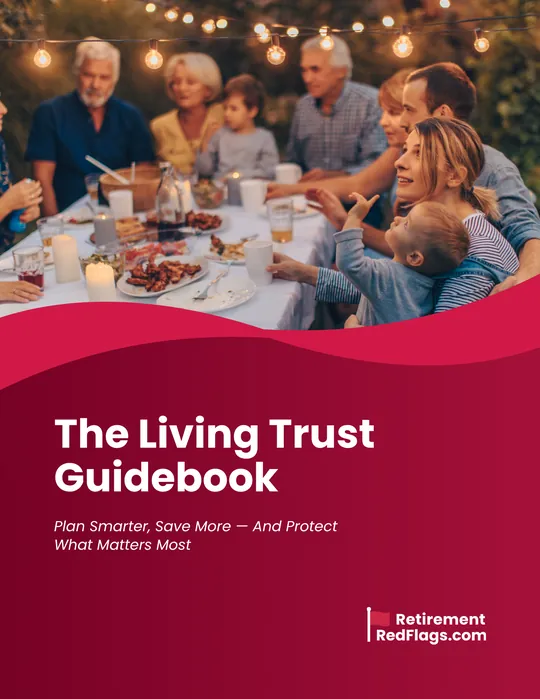 Cover of The Living Trust Guidebook, showing a multigenerational family sharing a meal outdoors.