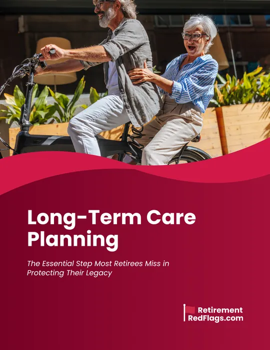Cover of the Long-Term Care Planning guide, showing a retired couple riding bicycles together.