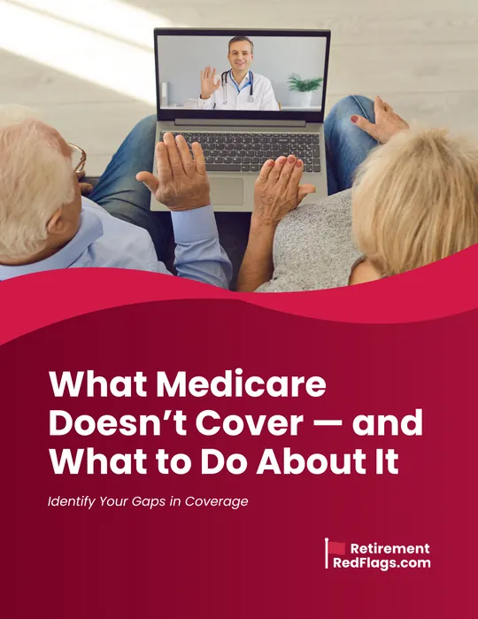 Cover of the guide What Medicare Doesn’t Cover and What to Do About It, showing a retiree on a video call with a doctor.