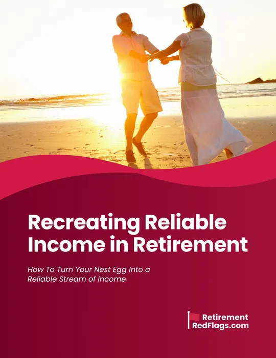 Cover of the guide Recreating Reliable Income in Retirement, showing a retired couple dancing on a beach at sunset.