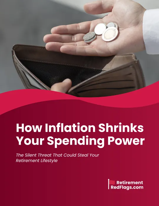 Cover of the guide How Inflation Shrinks Your Spending Power, showing a hand holding a few coins over an empty wallet.
