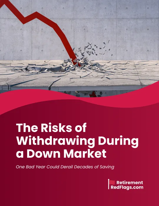 Cover of the guide The Risks of Withdrawing During a Down Market, showing a falling red market chart.