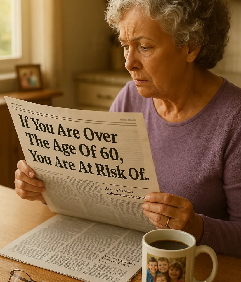 A retired woman reads a newspaper headline that says, “If You Are Over the Age of 60, You Are At Risk Of…” with a cup of coffee beside her.