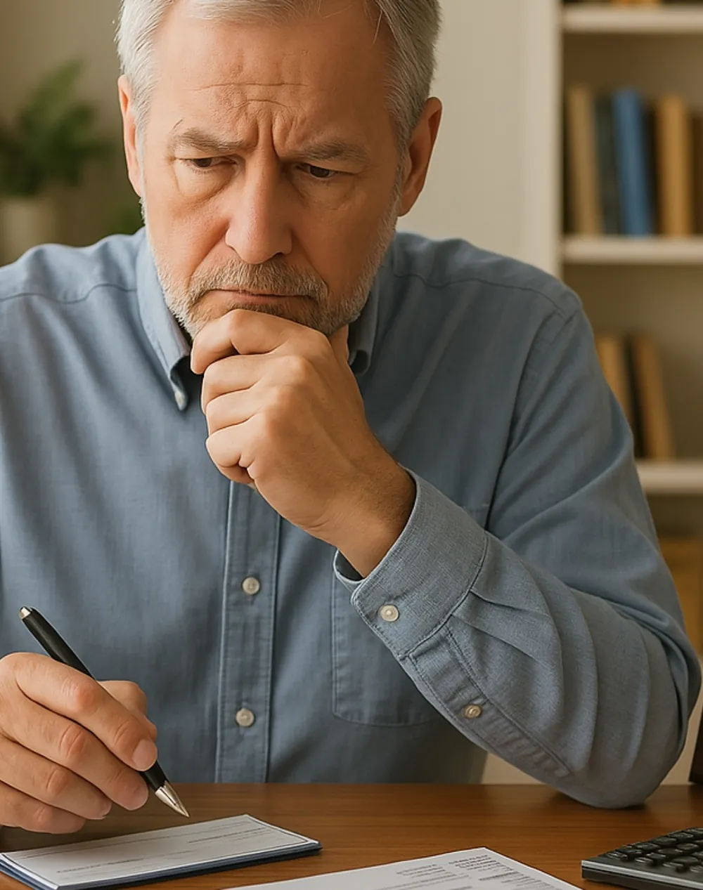 A retired man sits at his desk with a pen and calculator, carefully reviewing his retirement paperwork.
