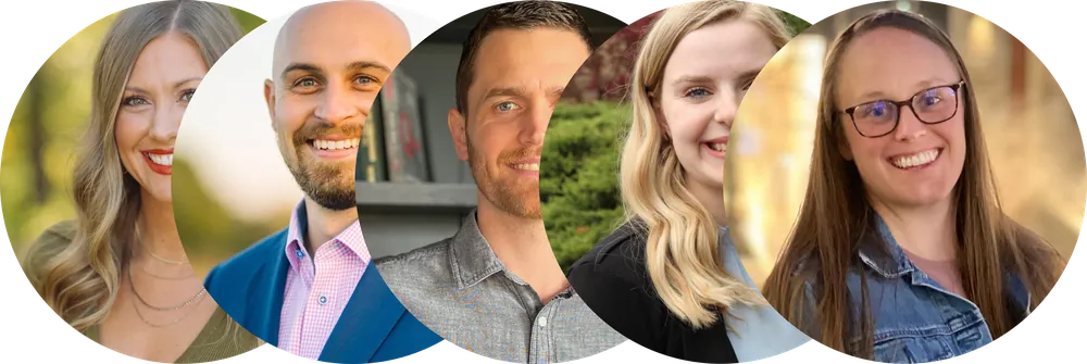 Portraits of five smiling members of the Retirement Red Flags team.